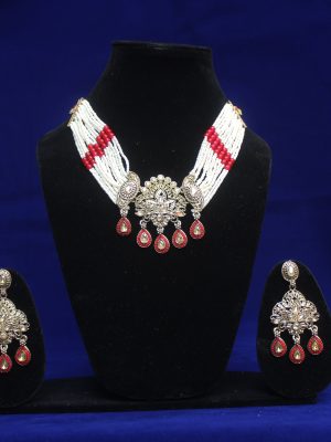 Kundan Pearl Necklace Set Red