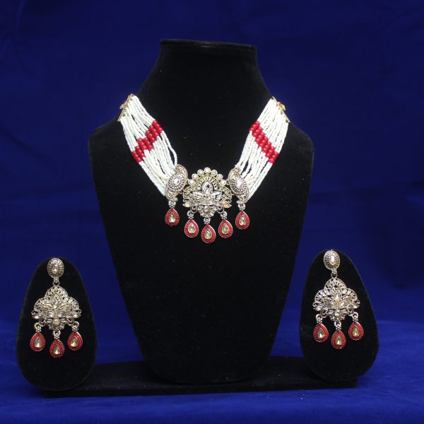 Kundan Pearl Necklace Set Red