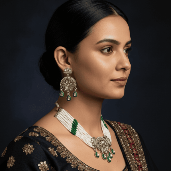 Kundan Pearl Necklace Set Green