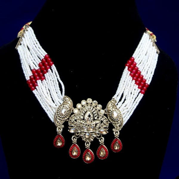 Kundan Pearl Necklace Set Red