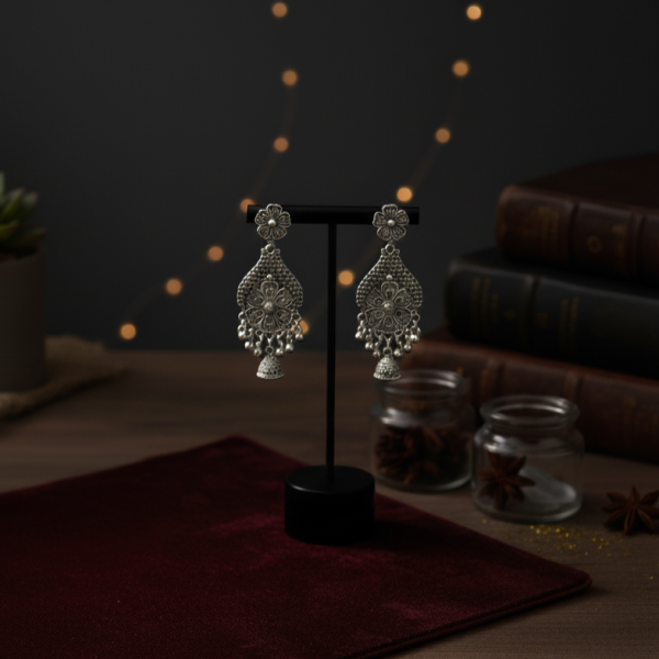 Oxidized Floral Jali & Jhumka Drop Earring