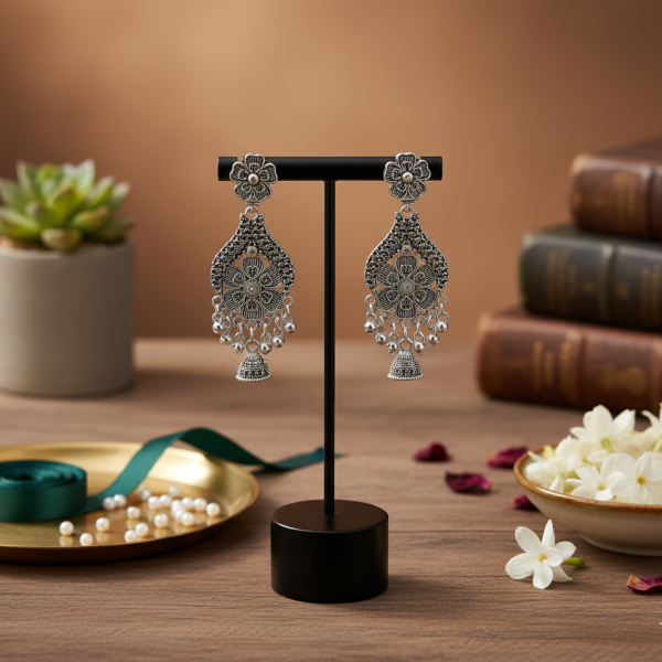 Oxidized Floral Jali & Jhumka Drop Earring