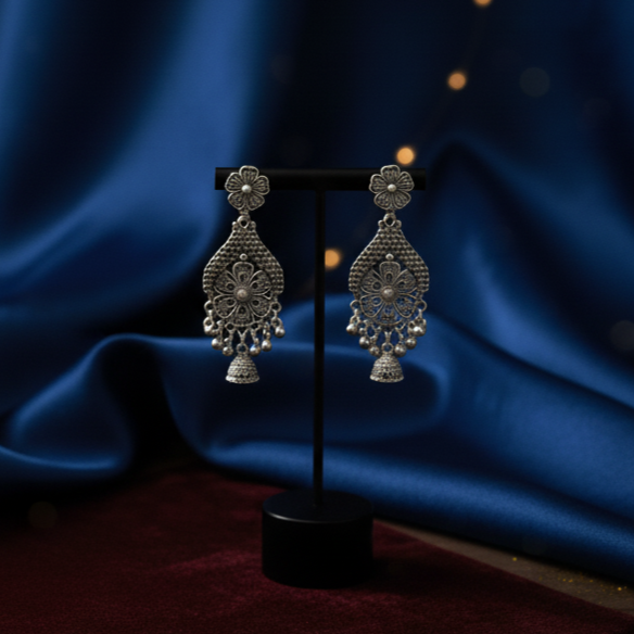 Oxidized Floral Jali & Jhumka Drop Earring