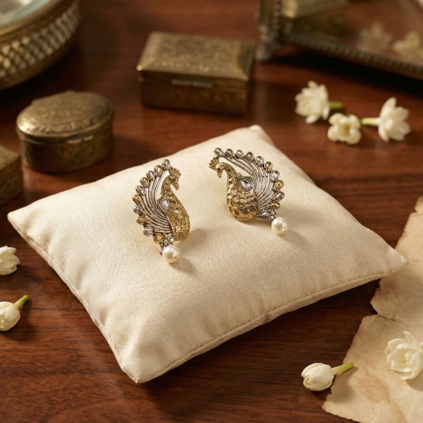 Heritage Peacock Stud Earrings with Pearl Drop
