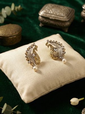 Heritage Peacock Stud Earrings with Pearl Drop