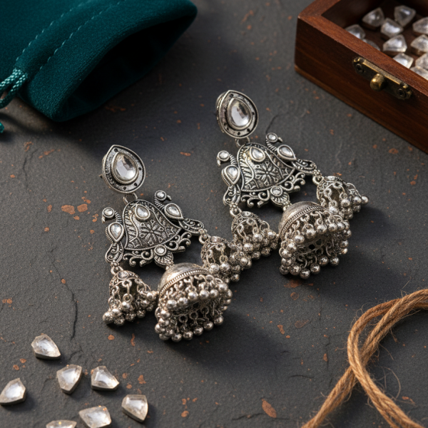 Peacock Long Oxidized Earring