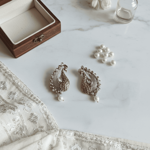 Heritage Peacock Stud Earrings with Pearl Drop