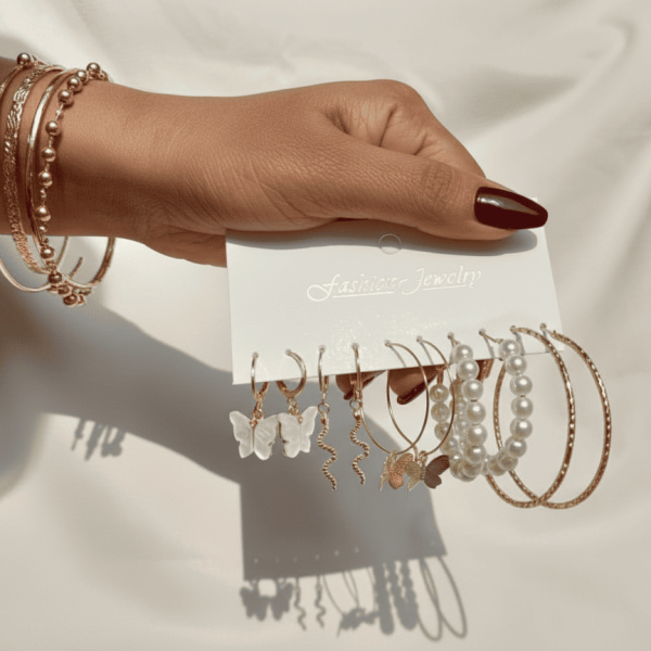 5 Pair Gold Plated Pearl Hoop Earring