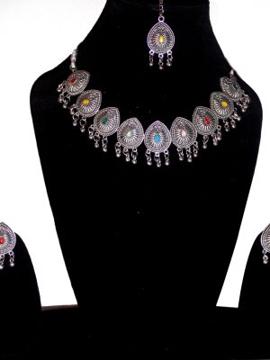 Oxidized Silver Necklace with Earrings & Mangtika