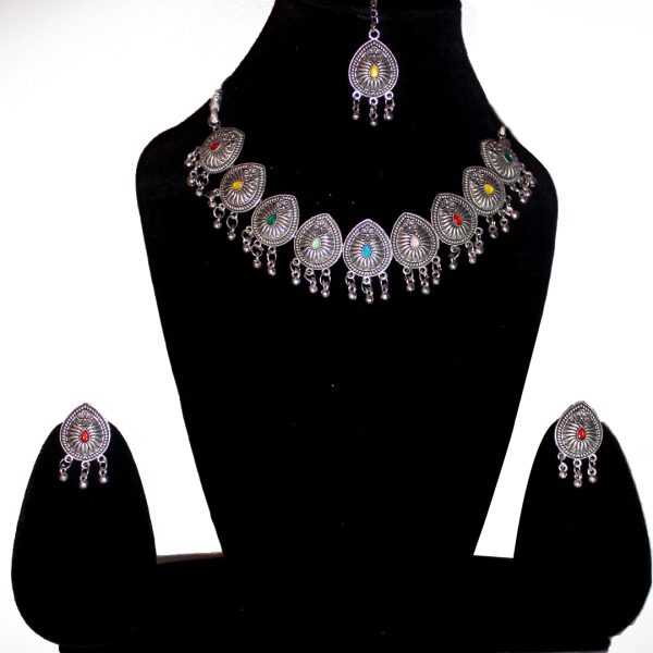 Oxidized Silver Necklace with Earrings & Mangtika